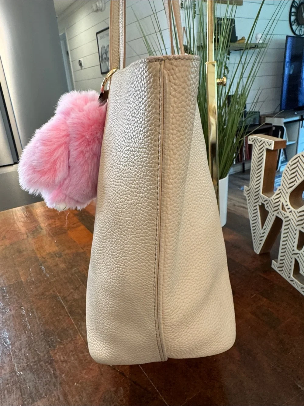 Tory Burch Pebbled Leather Tote with Pink Fur Charm
